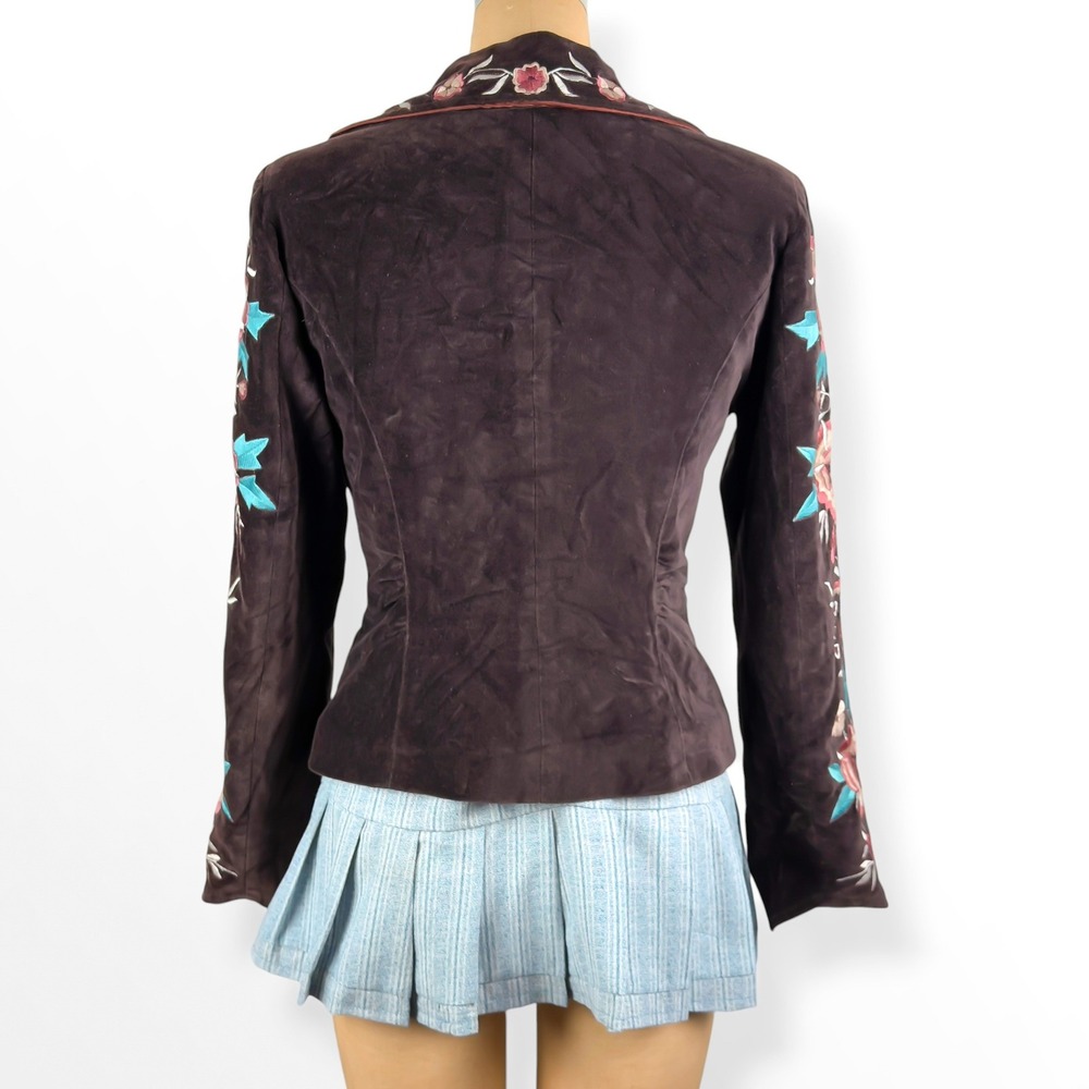 Vtg Cache Floral Embroidered Brown Velvet Fitted Blazer Jacket Sz 4 Y2K Western - Picture 8 of 12